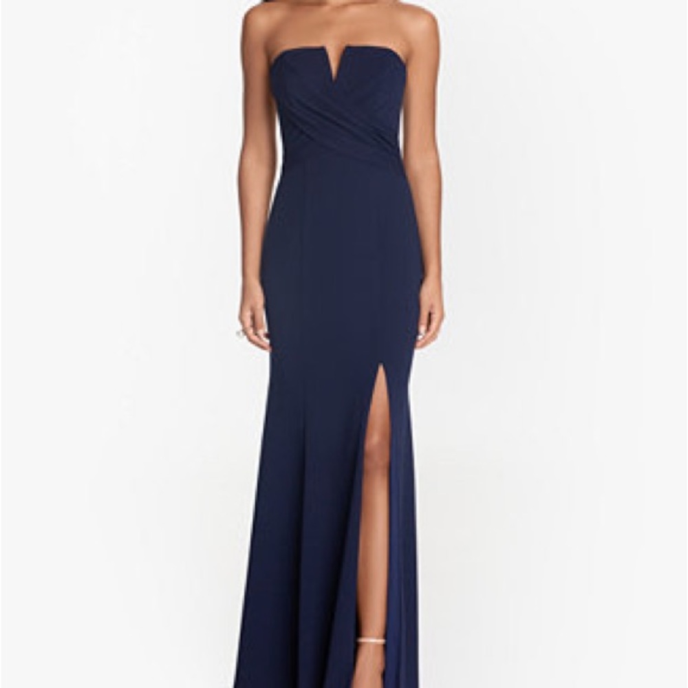 Xscape Navy Strapless Slit Gown Prom-Formal-Cocktail